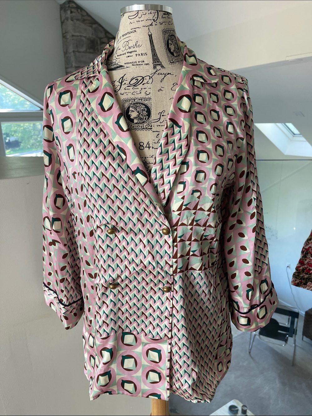 Zara Pink Geometric Double-Breasted Blazer